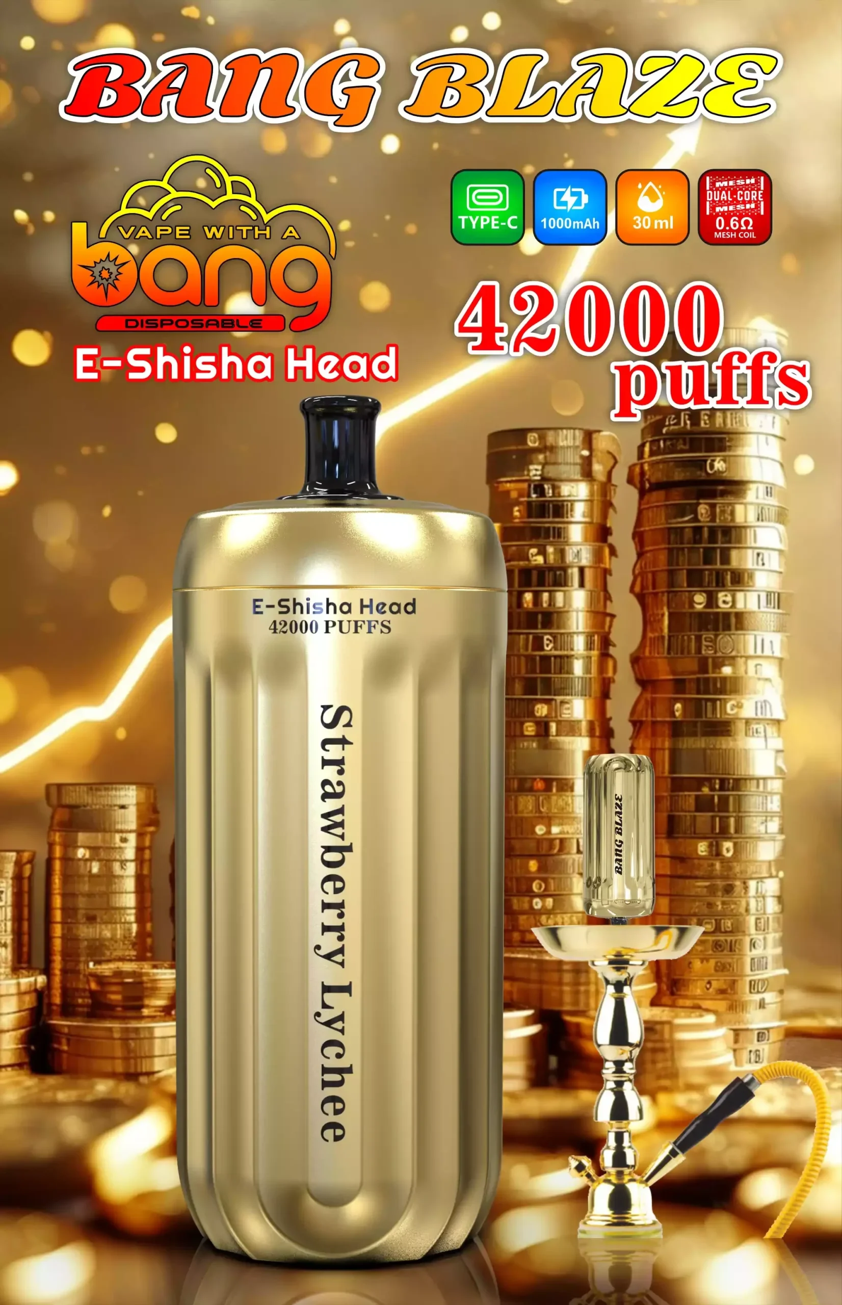 Bang E-Shisha Head 42000 Puffs Gold Design Hookah Strawberry Lychee Bang E-Shisha Head 42000 Puffs Gold Design Hookah Strawberry Lychee