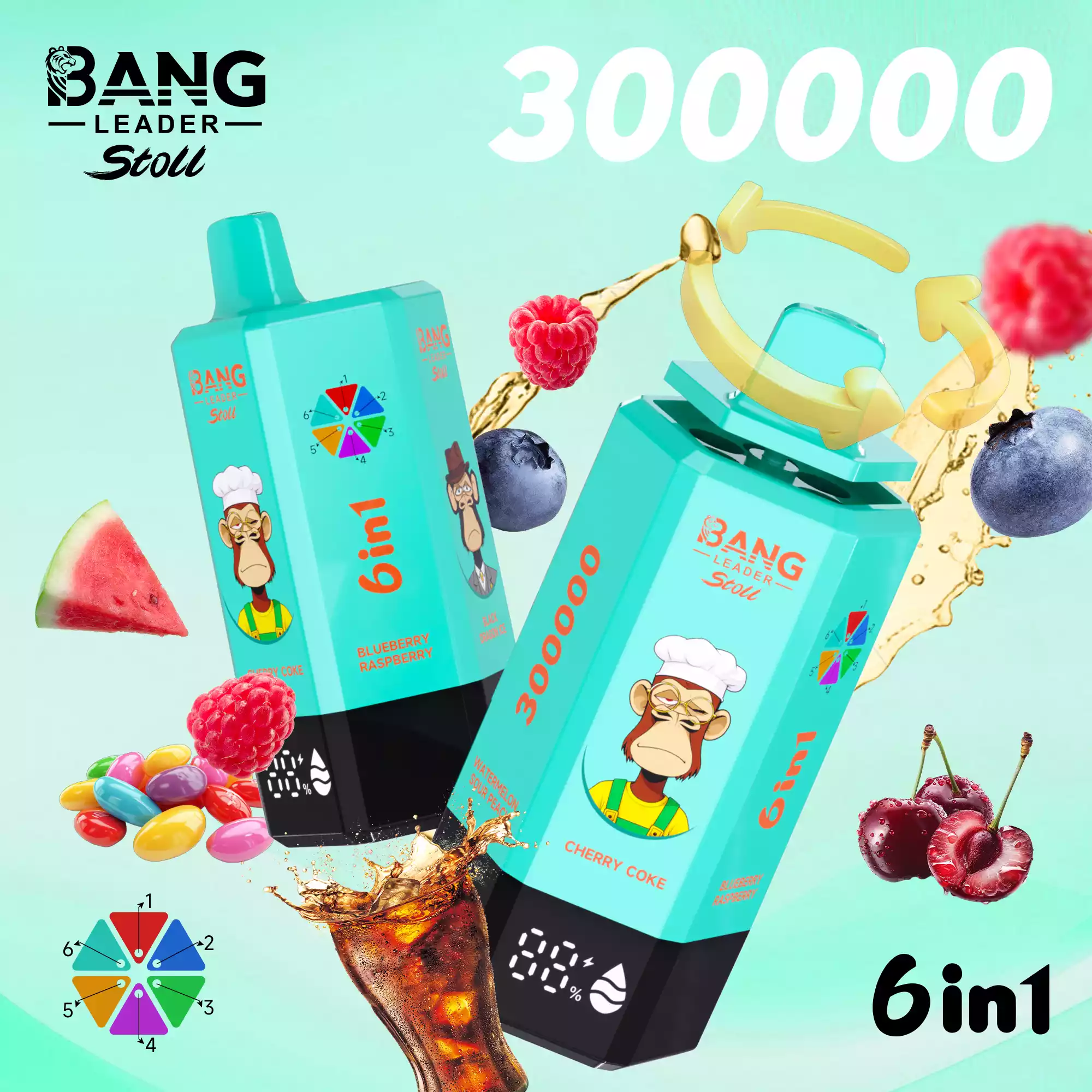 Bang Leader 300000 Puffs Disposable Vape 6-in-1 Flavors Cherry Coke & Blueberry Raspberry & Black Dragon Ice & Rainbow Candy & Fuji Ice & Watermelon Sour Peach Bang Leader 300000 Puffs Disposable Vape 6-in-1 Flavors Cherry Coke & Blueberry Raspberry & Black Dragon Ice & Rainbow Candy & Fuji Ice & Watermelon Sour Peach