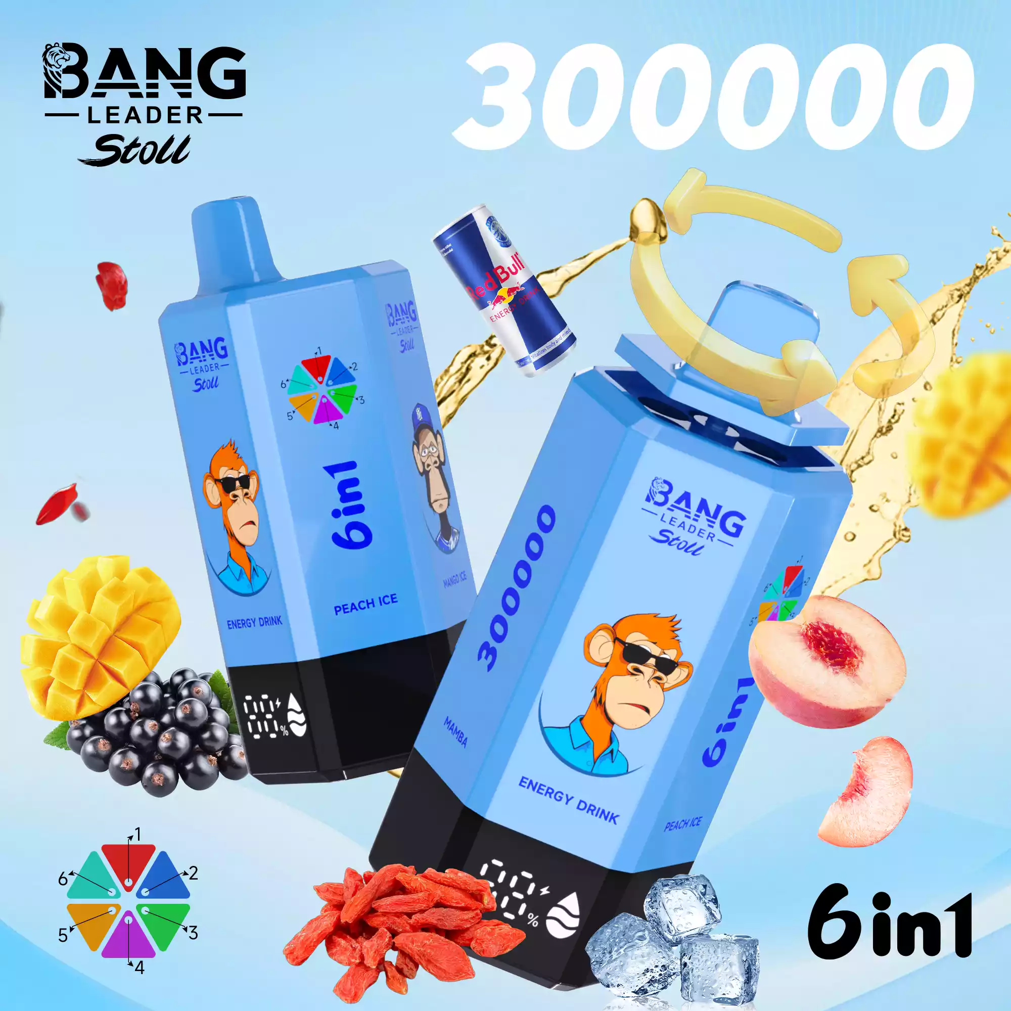 Bang Leader 300000 Puffs Disposable Vape 6-in-1 Flavors Energy Drink & Peach Ice & Mango Ice & Goji Berry & Blackcurrant & Mamba Bang Leader 300000 Puffs Disposable Vape 6-in-1 Flavors Energy Drink & Peach Ice & Mango Ice & Goji Berry & Blackcurrant & Mamba