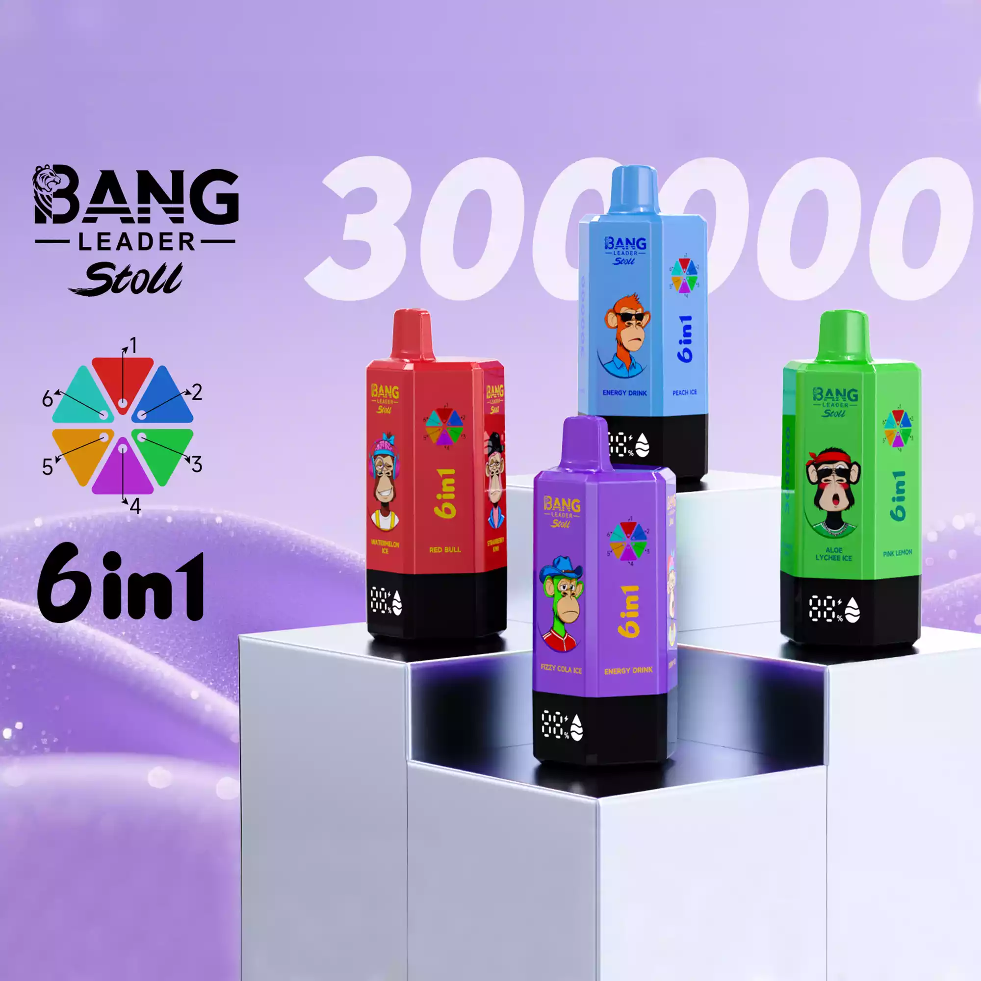 Bang Leader 300000 Puffs Disposable Vape 6-in-1 Flavors Hexagonal Design Smart Screen Bang Leader 300000 Puffs Disposable Vape 6-in-1 Flavors Hexagonal Design Smart Screen