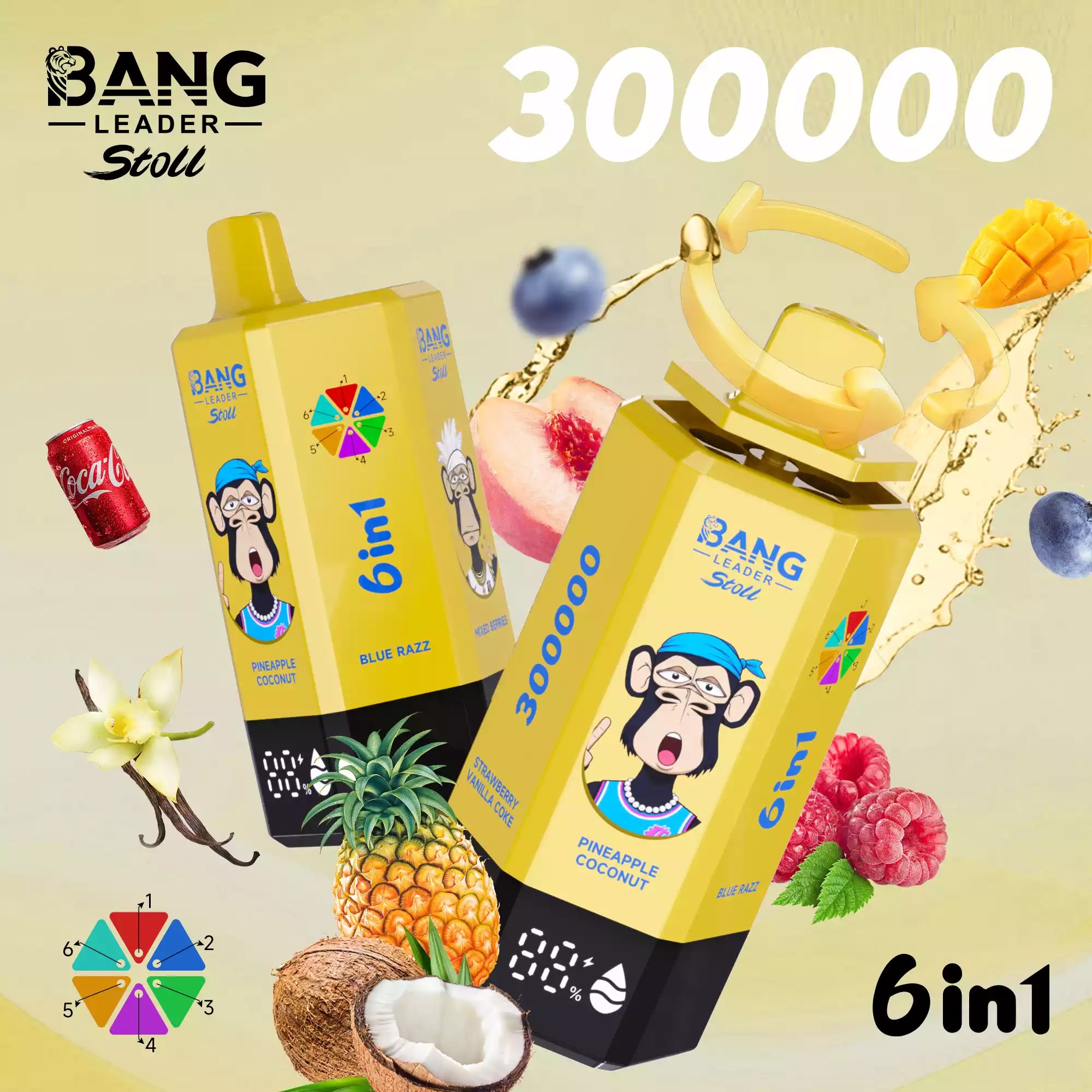 Bang Leader 300000 Puffs Disposable Vape 6-in-1 Flavors Pineapple Coconut & Blue Razz & Mixed Berries & Mango Peach & Blueberry Raspberry & Strawberry Vanilla Coke Bang Leader 300000 Puffs Disposable Vape 6-in-1 Flavors Pineapple Coconut & Blue Razz & Mixed Berries & Mango Peach & Blueberry Raspberry & Strawberry Vanilla Coke