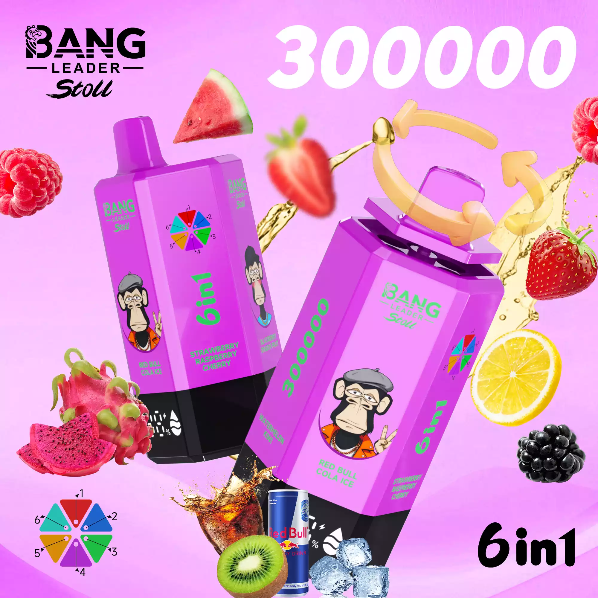 Bang Leader 300000 Puffs Disposable Vape 6-in-1 Flavors Red Bull Cola Ice & Strawberry Raspberry Cherry & Blackberry Dragon Fruit & Lemon Lime & Raspberry Pomp & Watermelon Kiwi Bang Leader 300000 Puffs Disposable Vape 6-in-1 Flavors Red Bull Cola Ice & Strawberry Raspberry Cherry & Blackberry Dragon Fruit & Lemon Lime & Raspberry Pomp & Watermelon Kiwi