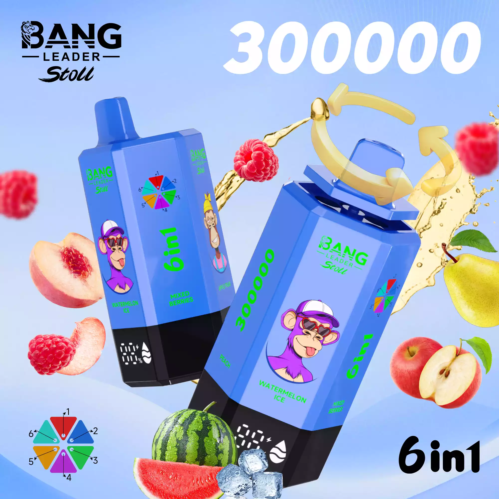 Bang Leader 300000 Puffs Disposable Vape 6-in-1 Flavors Watermelon Ice & Mixed Berries & Apple Pear & Blueberry Mint & Summer Time & Peach Bang Leader 300000 Puffs Disposable Vape 6-in-1 Flavors Watermelon Ice & Mixed Berries & Apple Pear & Blueberry Mint & Summer Time & Peach