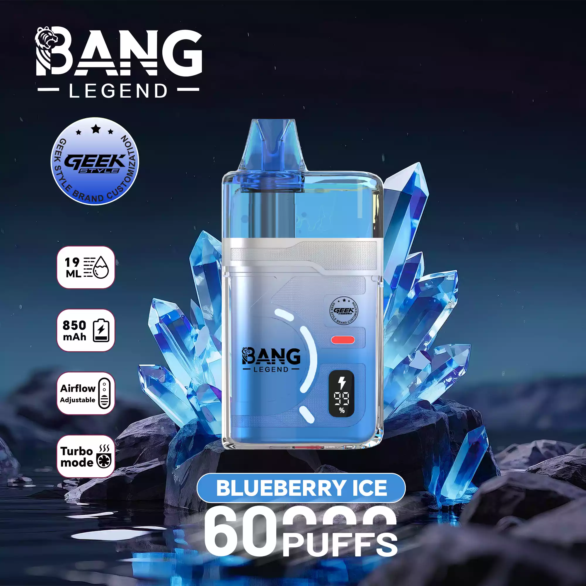 Bang Legend 60K Puffs Disposable Vape Turbo Mode Refillable Pure Flavor Adjustable Airflow Blueberry Ice Bang Legend 60K Puffs Disposable Vape Turbo Mode Refillable Pure Flavor Adjustable Airflow Blueberry Ice