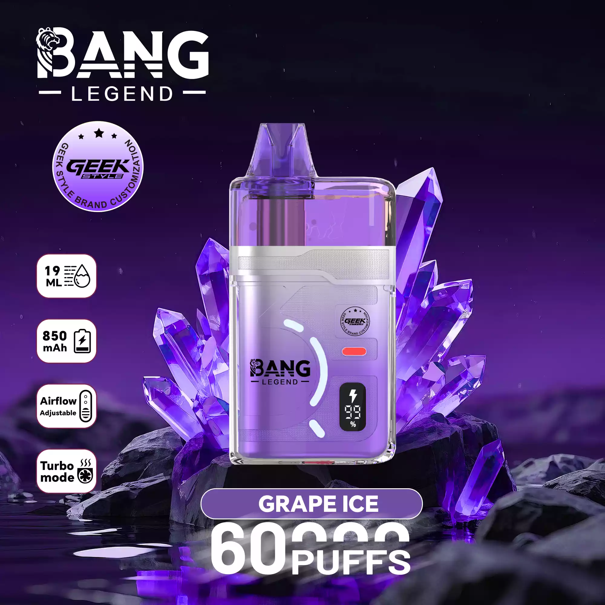 Bang Legend 60K Puffs Disposable Vape Turbo Mode Refillable Pure Flavor Adjustable Airflow Grape Ice Bang Legend 60K Puffs Disposable Vape Turbo Mode Refillable Pure Flavor Adjustable Airflow Grape Ice