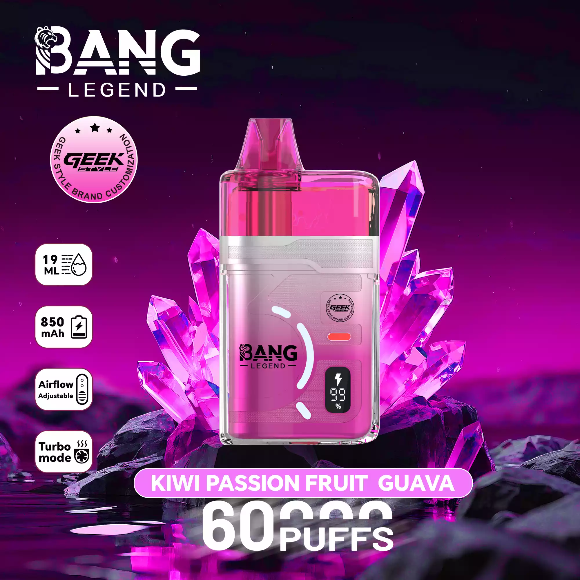 Bang Legend 60K Puffs Disposable Vape Turbo Mode Refillable Pure Flavor Adjustable Airflow Kiwi Passion Fruit Guava Bang Legend 60K Puffs Disposable Vape Turbo Mode Refillable Pure Flavor Adjustable Airflow Kiwi Passion Fruit Guava