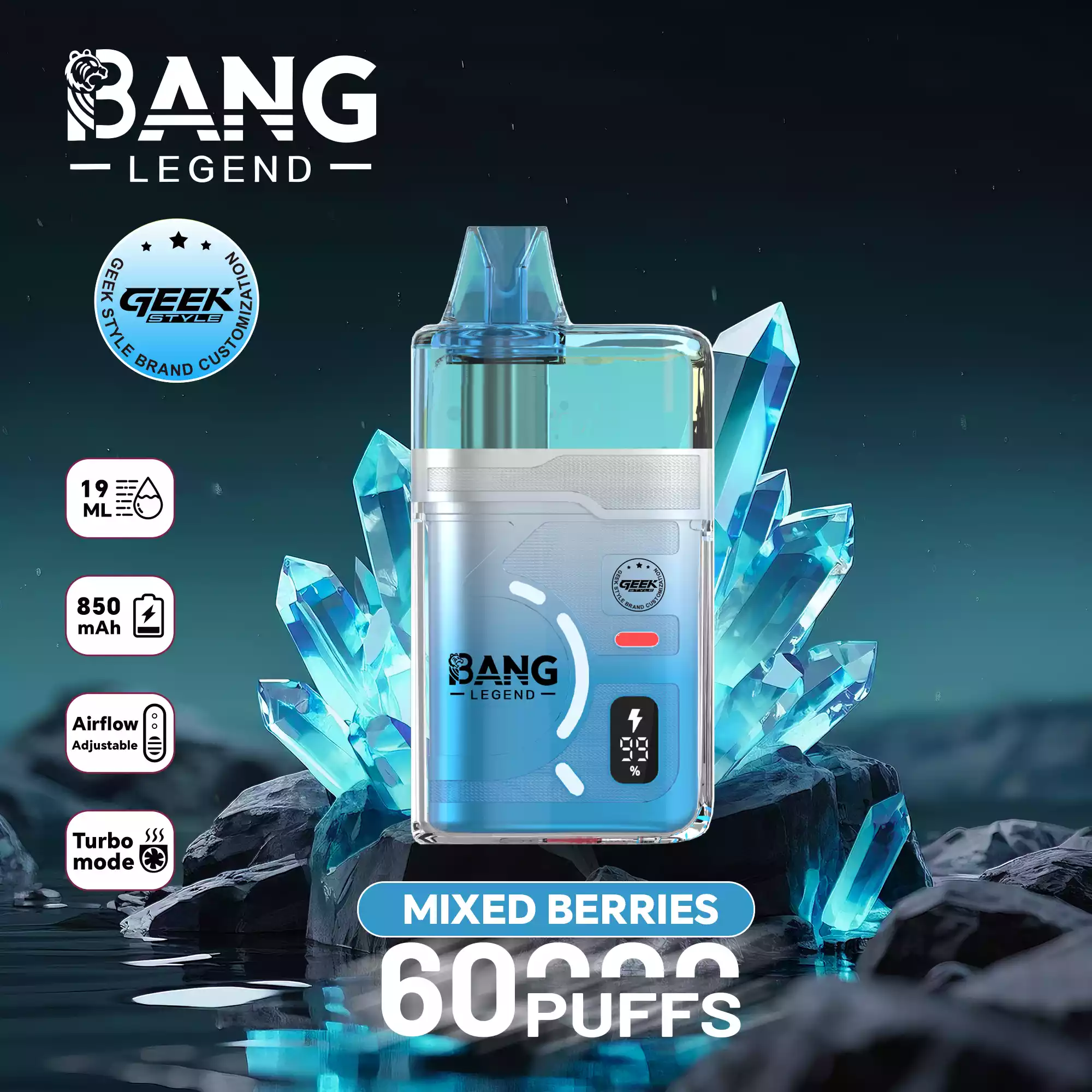 Bang Legend 60K Puffs Disposable Vape Turbo Mode Refillable Pure Flavor Adjustable Airflow Mixed Berries Bang Legend 60K Puffs Disposable Vape Turbo Mode Refillable Pure Flavor Adjustable Airflow Mixed Berries