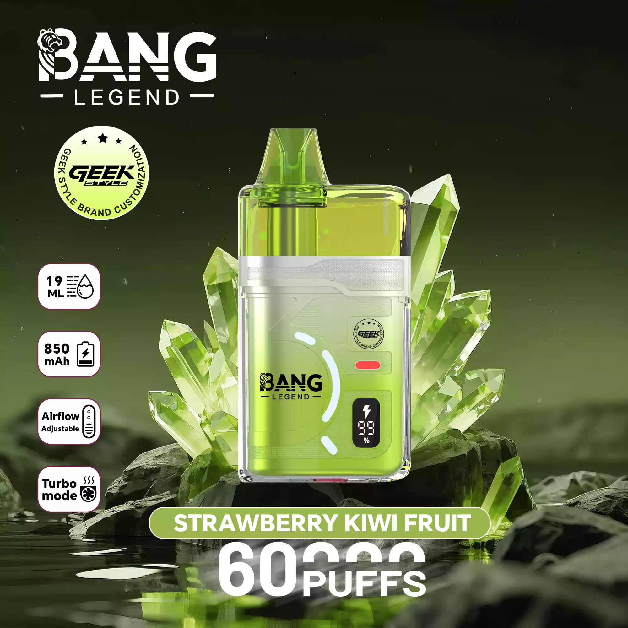 Bang Legend 60K Puffs Disposable Vape Turbo Mode Refillable Pure Flavor Adjustable Airflow Strawberry Kiwi Fruit Bang Legend 60K Puffs Disposable Vape Turbo Mode Refillable Pure Flavor Adjustable Airflow Strawberry Kiwi Fruit