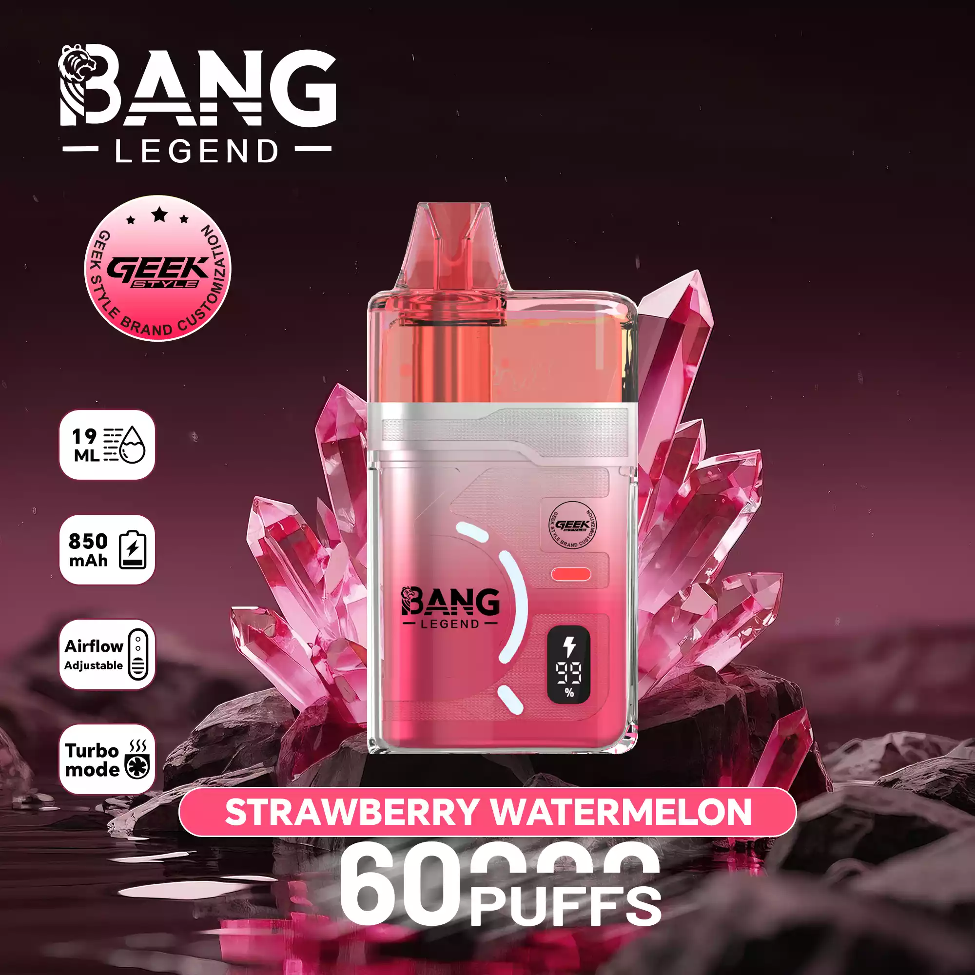 Bang Legend 60K Puffs Disposable Vape Turbo Mode Refillable Pure Flavor Adjustable Airflow Strawberry Watermelon Bang Legend 60K Puffs Disposable Vape Turbo Mode Refillable Pure Flavor Adjustable Airflow Strawberry Watermelon