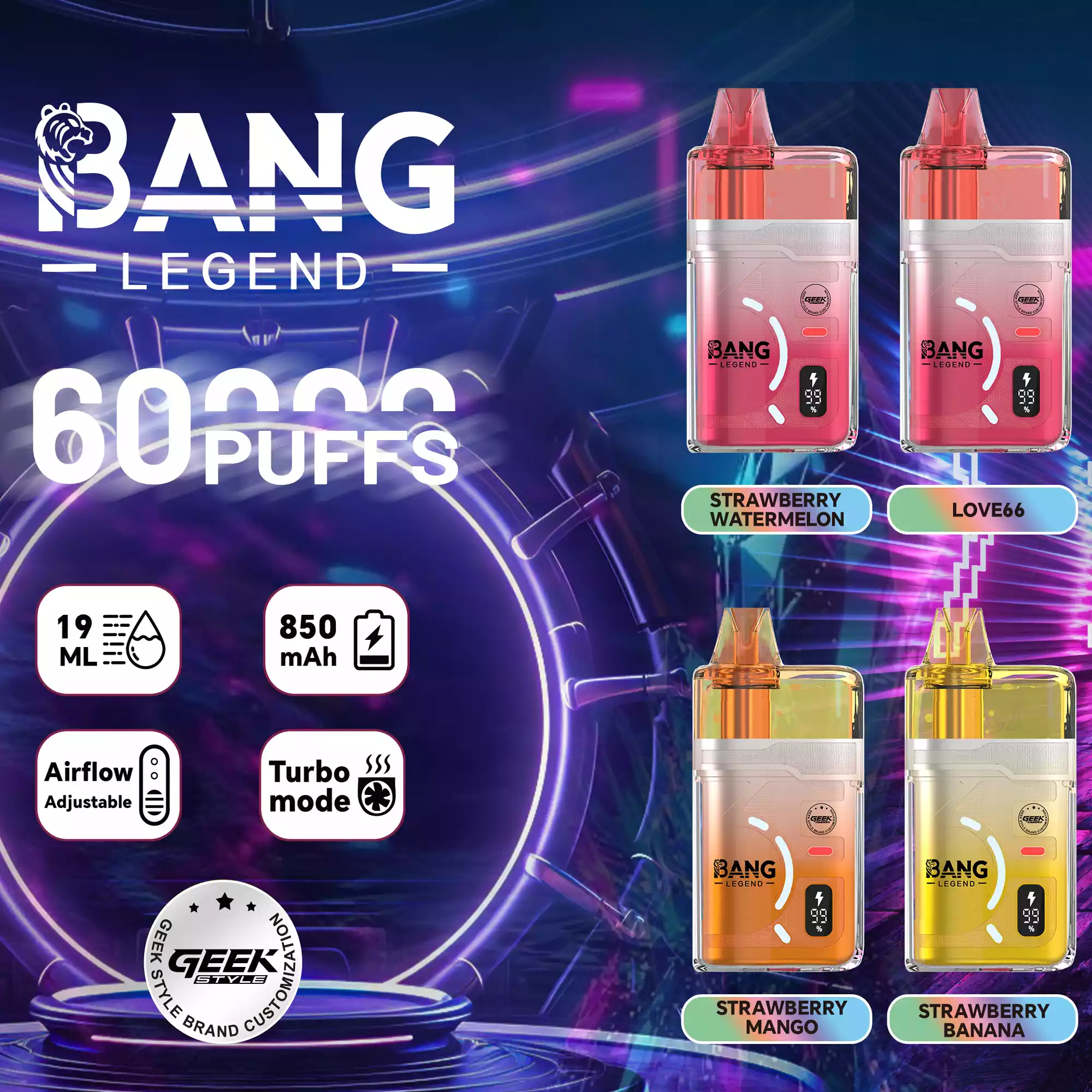 Bang Legend 60K Puffs Disposable Vape Turbo Mode Refillable Pure Flavor Adjustable Airflow Bang Legend 60K Puffs Disposable Vape Turbo Mode Refillable Pure Flavor Adjustable Airflow